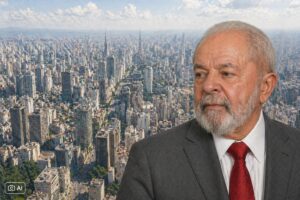 Imagem ilustrativa mostra Lula em primeiro plano com vista aérea do centro de São Paulo ao fundo.