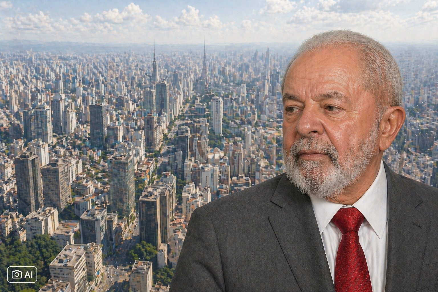 Imagem ilustrativa mostra Lula em primeiro plano com vista aérea do centro de São Paulo ao fundo.