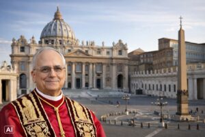 Montagem fotográfica mostra Papa Leão XIV diante da Basílica de São Pedro, no Vaticano, em cena diurna.