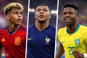 Montagem fotográfica ultra-realista gerada por IA mostrando três jogadores de futebol representando Lamine Yamal (Espanha), Mbappé (França) e Vinícius Júnior (Brasil), em composição dividida em três partes.