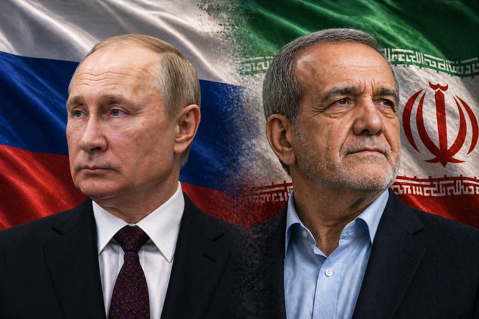 Montagem com retratos de Vladimir Putin e Massoud Pezeshkian diante das bandeiras da Rússia e do Irã em composição visual unificada.