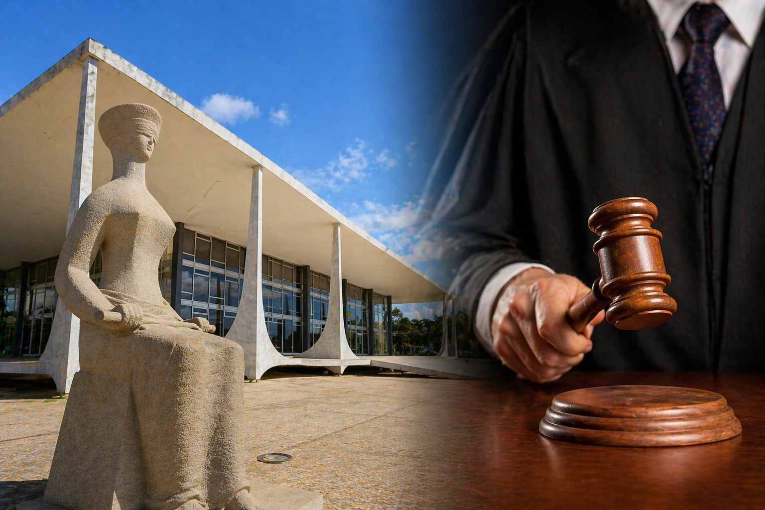 Montagem fotográfica ultra-realista mostra o prédio do STF com a estátua da Justiça à esquerda e, à direita, a mão de um juiz com toga batendo um martelo, representando decisão judicial.