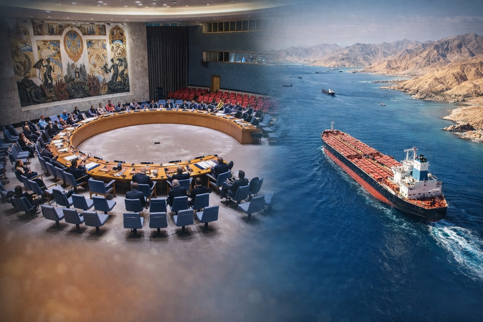 Imagem em IA da cúpula da ONU e do Estreito de Ormuz com petroleiro em vista semiaérea.