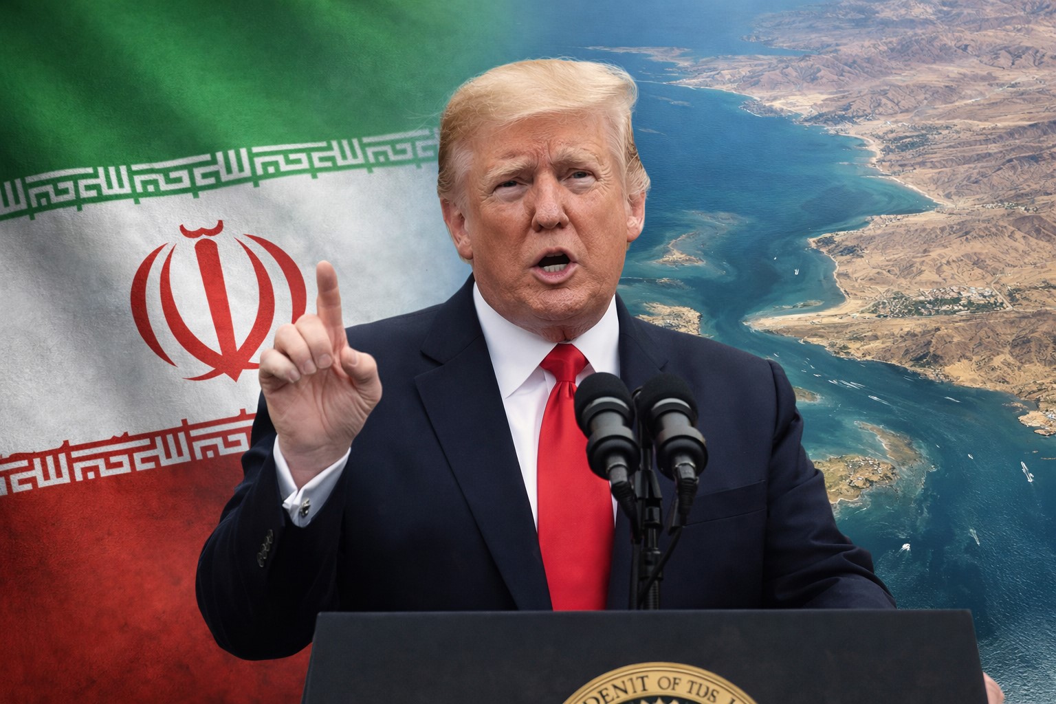 Imagem ilustrativa gerada por IA mostra Donald Trump em discurso com fundo composto pela bandeira do Irã e vista do Estreito de Ormuz