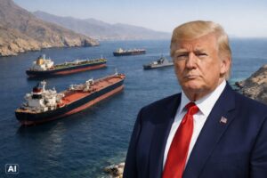 Montagem fotográfica mostra Donald Trump sobre o Estreito de Ormuz com navios posicionados, em cenário diurno.