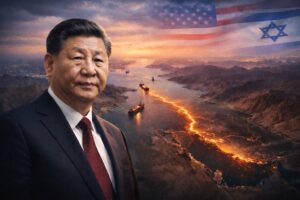 Montagem ilustrativa mostra o presidente chinês Xi Jinping em primeiro plano, com o Estreito de Ormuz e navios petroleiros ao fundo, além de referências visuais sutis aos Estados Unidos e a Israel.