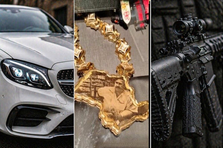 Montagem com carro de luxo, colar apreendido e arma em imagem parcial gerada por IA.