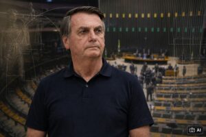 Montagem editorial gerada por IA mostra Jair Bolsonaro em primeiro plano, com plenário legislativo e elementos jurídicos ao fundo.