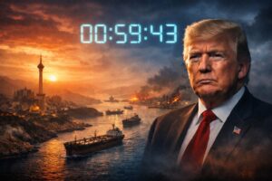 Montagem com Donald Trump, Estreito de Ormuz, Teerã ao fundo e relógio digital em contagem regressiva.