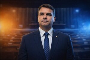 Imagem em IA representando Flávio Bolsonaro com fundo alusivo ao Senado e divisão simbólica de forças políticas.