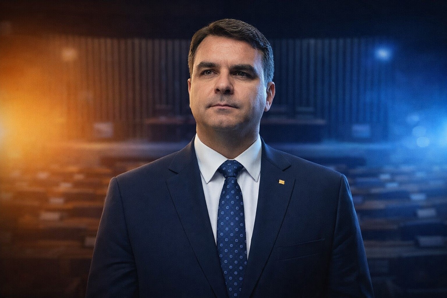 Imagem em IA representando Flávio Bolsonaro com fundo alusivo ao Senado e divisão simbólica de forças políticas.