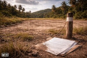 Imagem gerada por IA de terreno vazio com marco e documentos, representando contexto simbólico de garantia imobiliária.