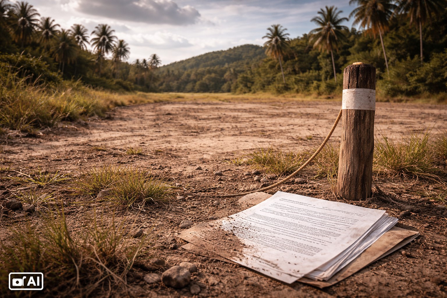 Imagem gerada por IA de terreno vazio com marco e documentos, representando contexto simbólico de garantia imobiliária.