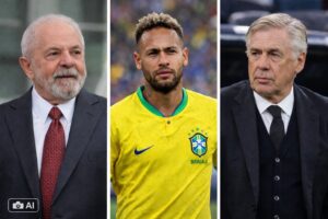Lula, Neymar e Ancelotti em composição ilustrativa gerada por IA