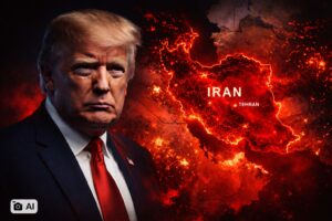 Retrato de Donald Trump com mapa do Irã em destaque e tonalidade vermelha intensa.