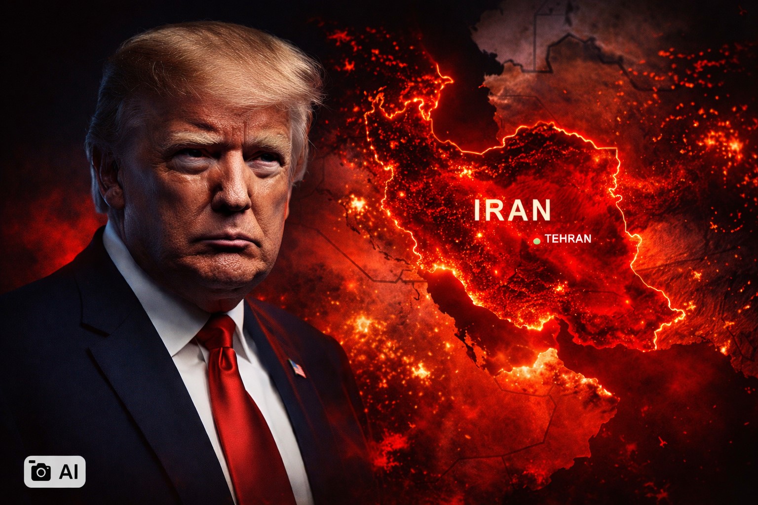 Retrato de Donald Trump com mapa do Irã em destaque e tonalidade vermelha intensa.