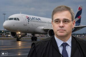 Ilustração mostra o ministro André Mendonça em primeiro plano com avião da Latam ao fundo em pista de decolagem.