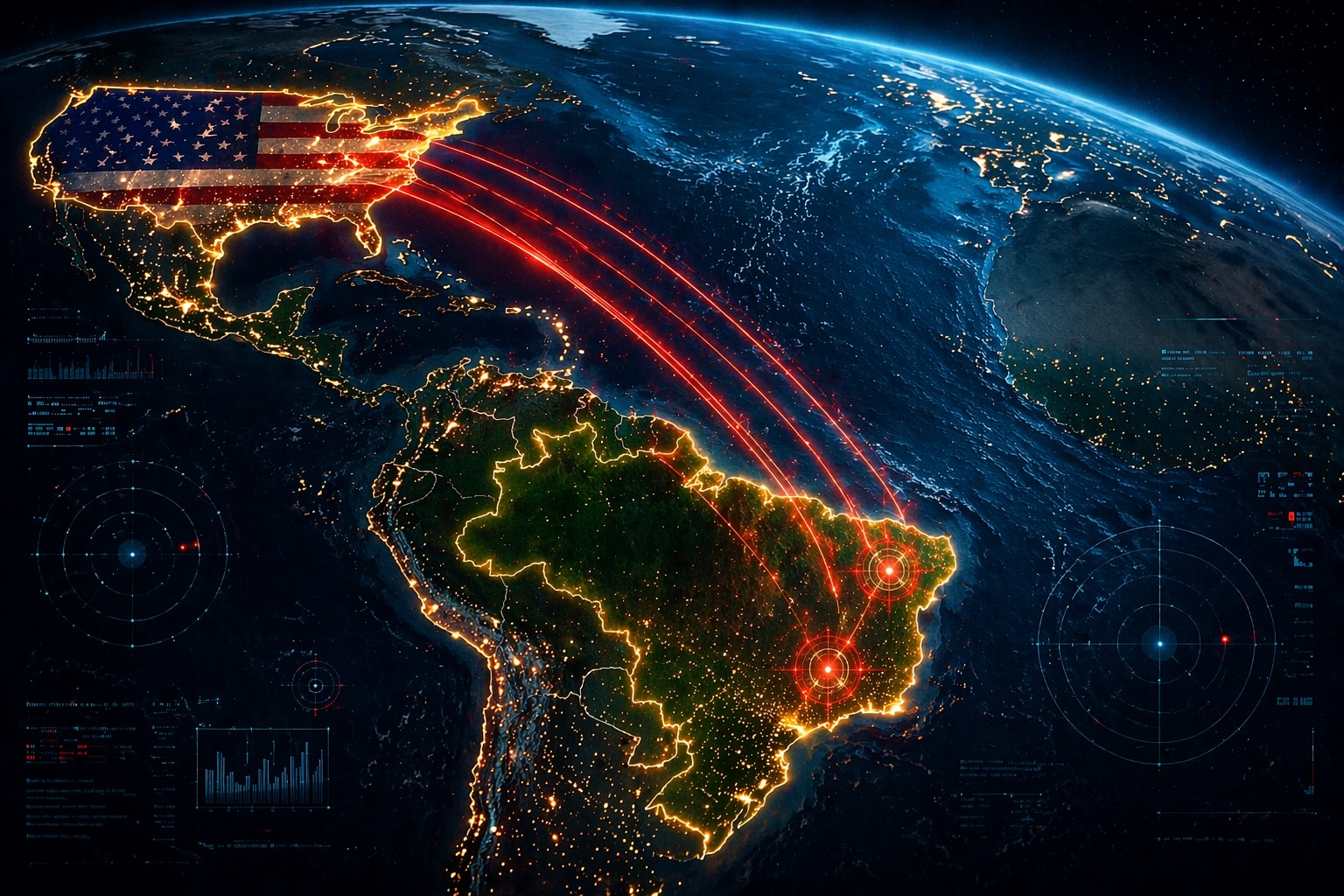 Mapa das Américas com destaque para Brasil e Estados Unidos em cenário geopolítico.