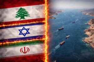 Montagem ilustrativa com bandeiras de Líbano, Israel e Irã ao lado de vista do Estreito de Ormuz com navios.