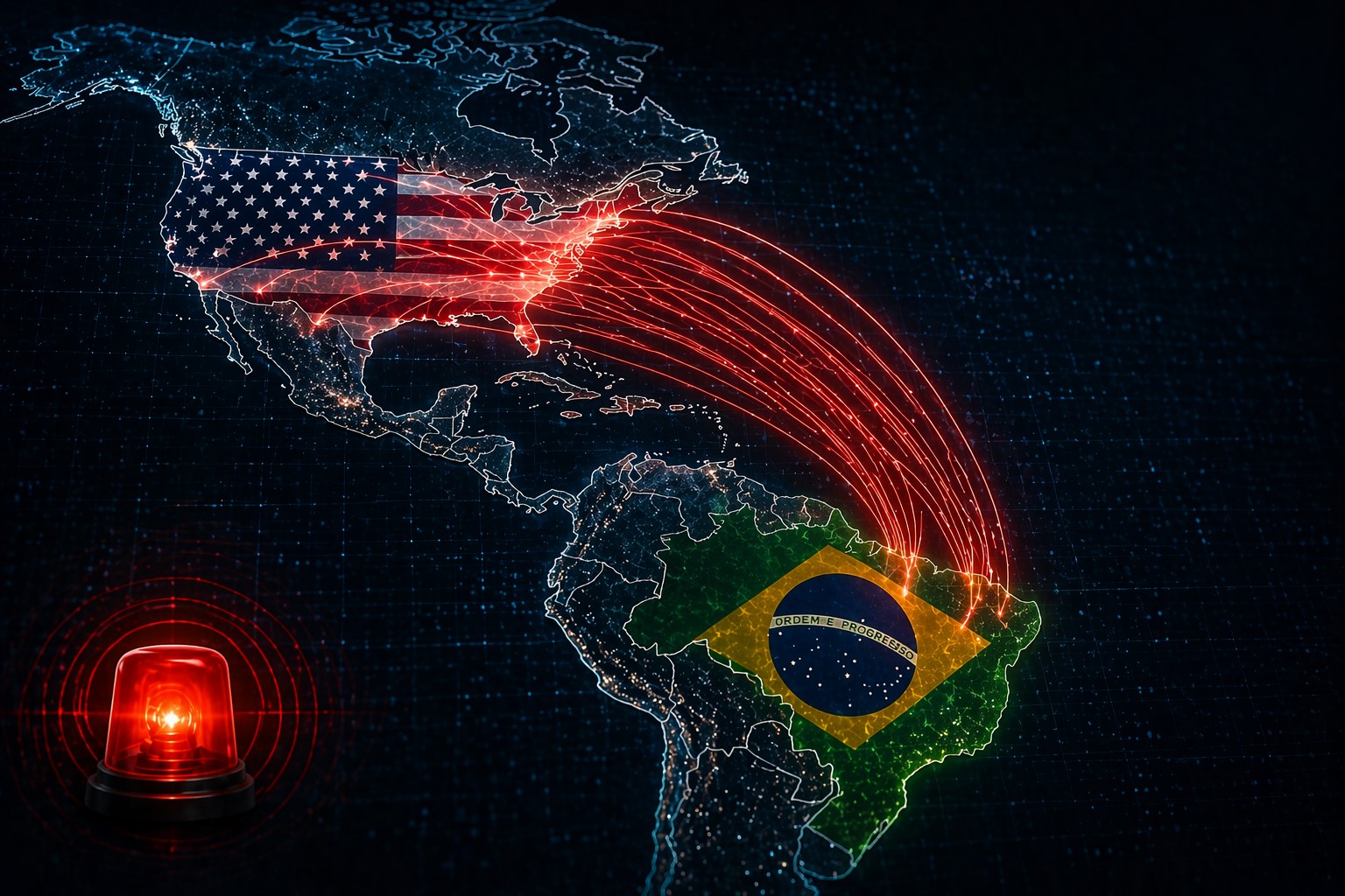 Mapa estilizado das Américas com linhas luminosas entre Brasil e Estados Unidos, representando fluxo migratório e investigação internacional.