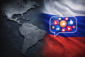 Imagem ilustrativa gerada por IA mostra mapa da América Latina em destaque ao lado da bandeira da Rússia com símbolos de redes sociais