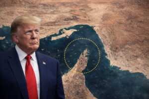 Donald Trump sobreposto a imagem aérea do Estreito de Ormuz em montagem gerada por IA.