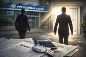 Montagem fotográfica mostra transição simbólica no comando do INSS com documentos de aposentadoria, lupa e calculadora.