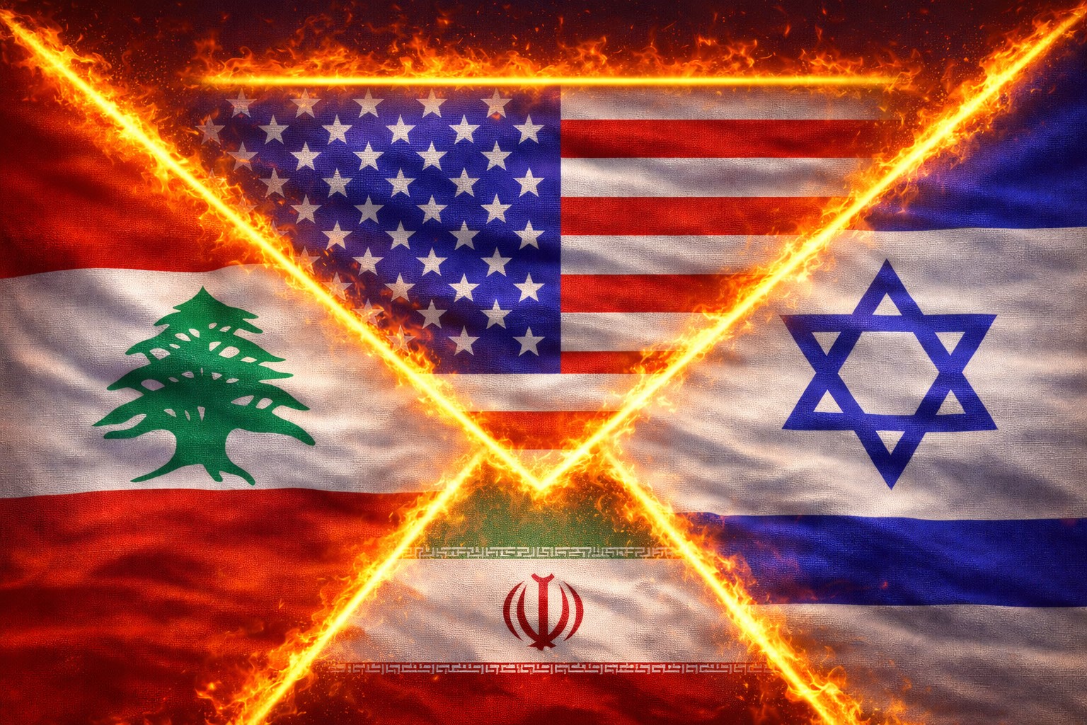 Grafismo ilustrativo com bandeiras de Estados Unidos, Líbano, Israel e Irã separadas por linhas flamejantes.