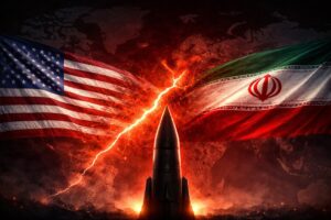 Imagem conceitual gerada por IA mostrando bandeiras dos EUA e Irã com míssil ao centro e mapa-múndi ao fundo.