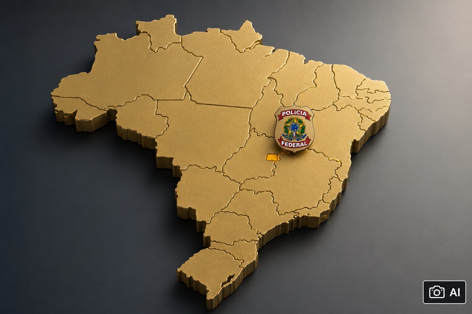 Ilustração gerada por IA mostra mapa 3D do Brasil com o Distrito Federal destacado e emblema da Polícia Federal posicionado sobre a região de Brasília.