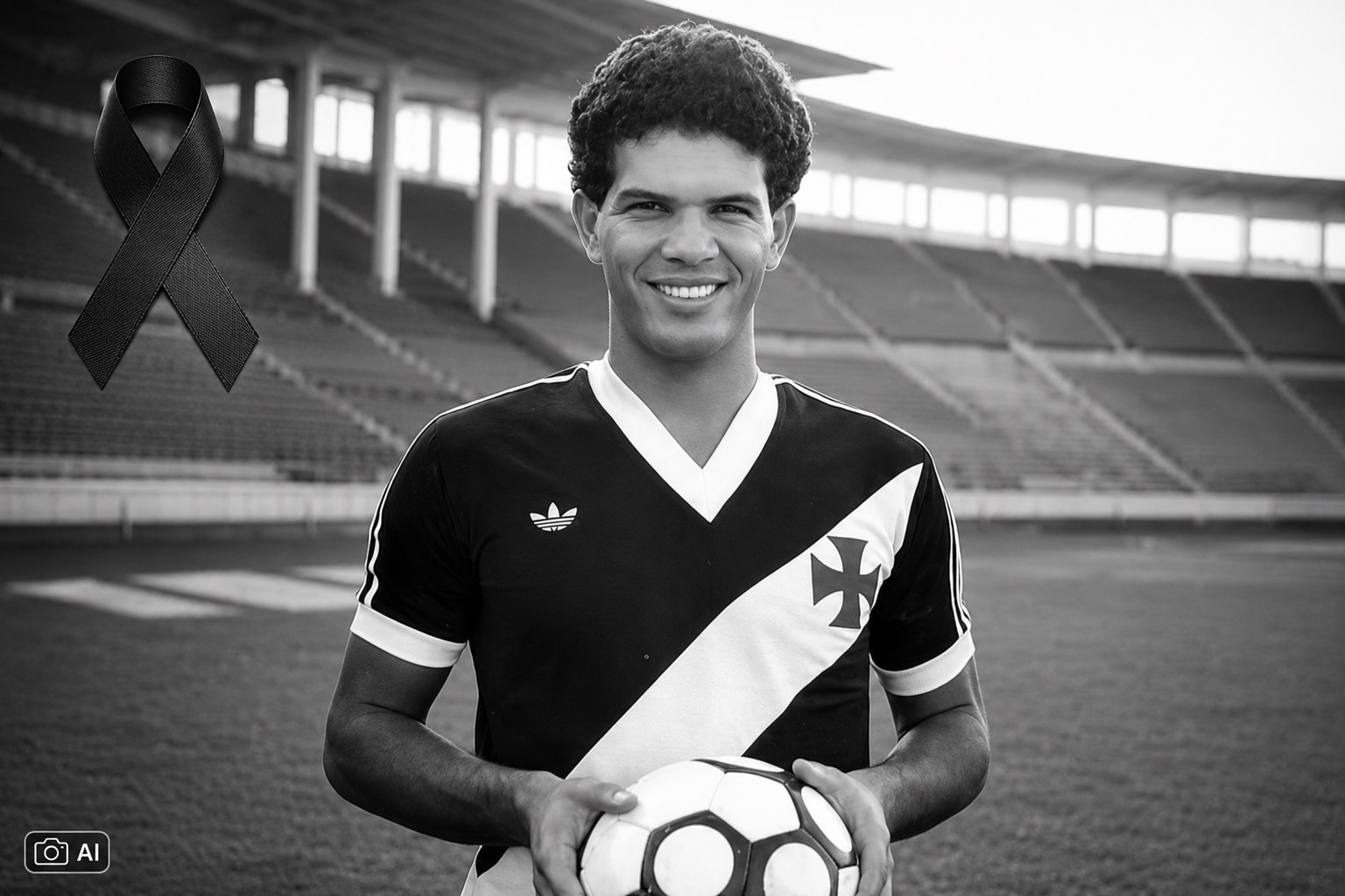Imagem de Geovani, ex-meia e ídolo do Vasco, em estádio, com laço de luto, em versão otimizada, reenquadrada e convertida para preto e branco com apoio de IA a partir de um registro real.