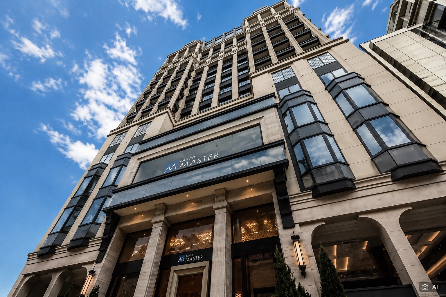 Ilustração fotográfica ultra-realista gerada por IA, com base em registro real, mostra a fachada do Banco Master em São Paulo.