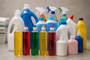 Imagem gerada por IA mostra produtos de limpeza sem marcas visíveis, incluindo detergentes, desinfetantes e sabões líquidos.