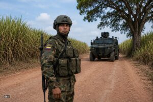 Ilustração fotográfica ultra-realista gerada por IA mostra soldado colombiano ao lado de veículo blindado em estrada rural de região de fronteira na Colômbia.