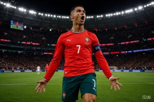 Ilustração fotográfica ultra-realista gerada por IA representa Cristiano Ronaldo comemorando em campo de futebol.