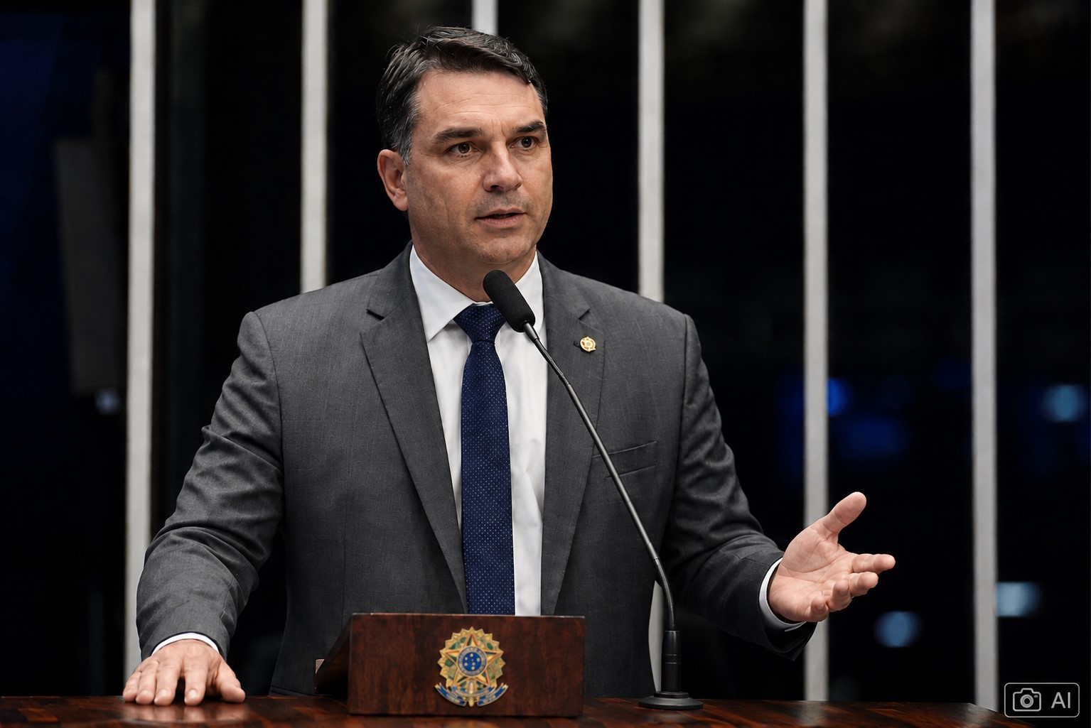 Flávio Bolsonaro em ilustração fotográfica ultrarrealista gerada por IA durante discurso no Senado Federal.