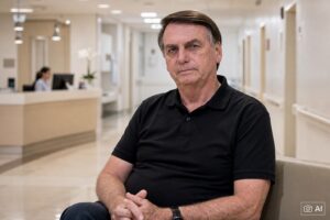 Ilustração fotográfica ultrarrealista gerada por IA de Jair Bolsonaro em ambiente hospitalar conceitual.