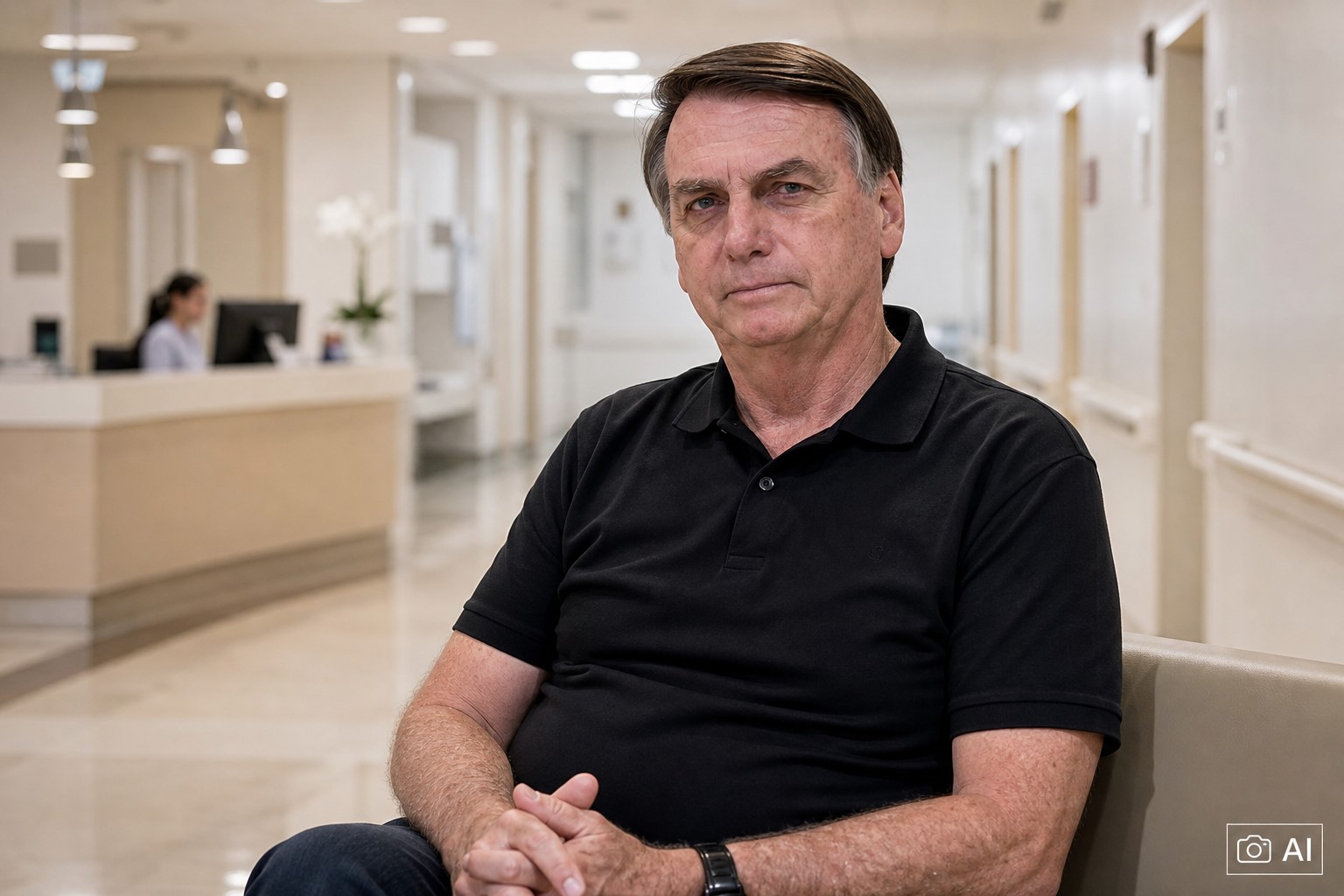 Ilustração fotográfica ultrarrealista gerada por IA de Jair Bolsonaro em ambiente hospitalar conceitual.