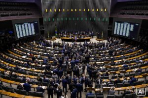 Ilustração fotográfica ultra-realista gerada por IA representa pós-sessão na Câmara dos Deputados, em Brasília.