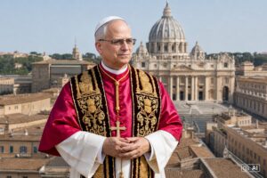 Ilustração fotográfica gerada por IA representa o Papa Leão XIV com o Vaticano ao fundo.
