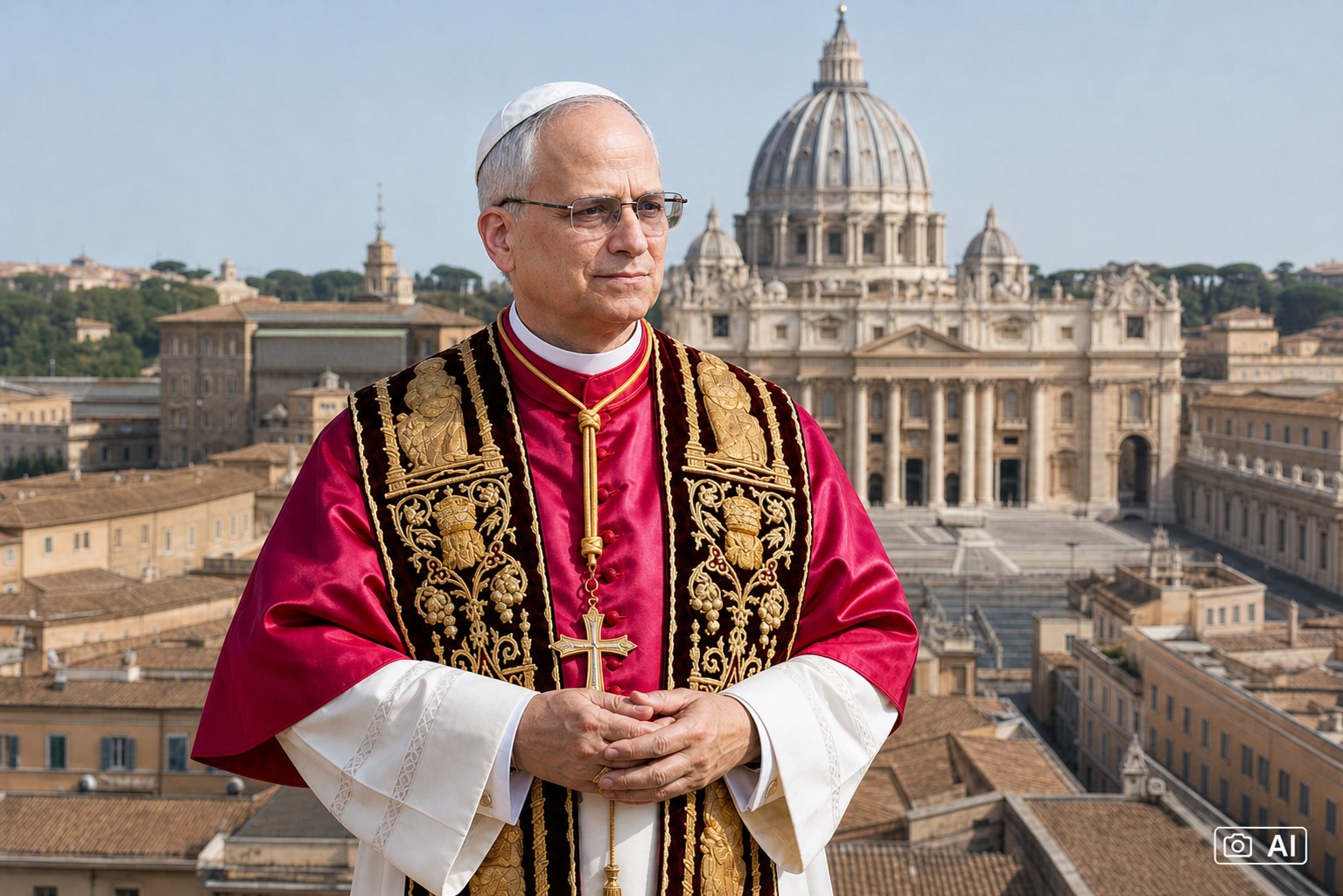 Ilustração fotográfica gerada por IA representa o Papa Leão XIV com o Vaticano ao fundo.