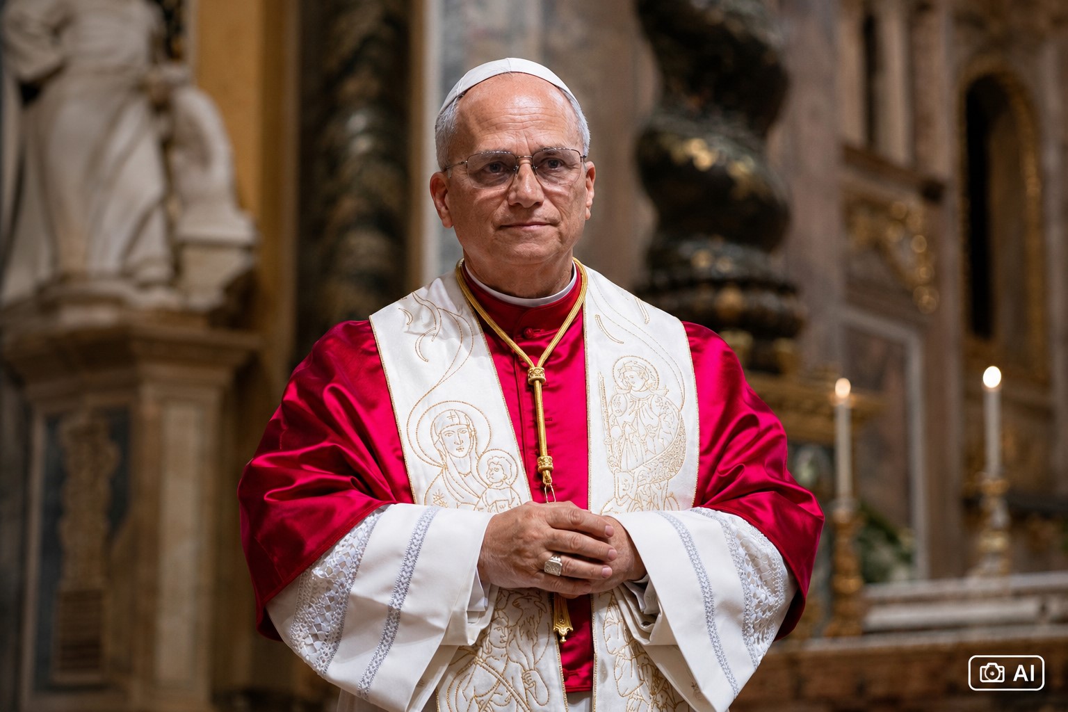 Ilustração editorial gerada por IA representa o papa Leão XIV em ambiente interno alusivo ao Vaticano, com vestes litúrgicas e composição simbólica.
