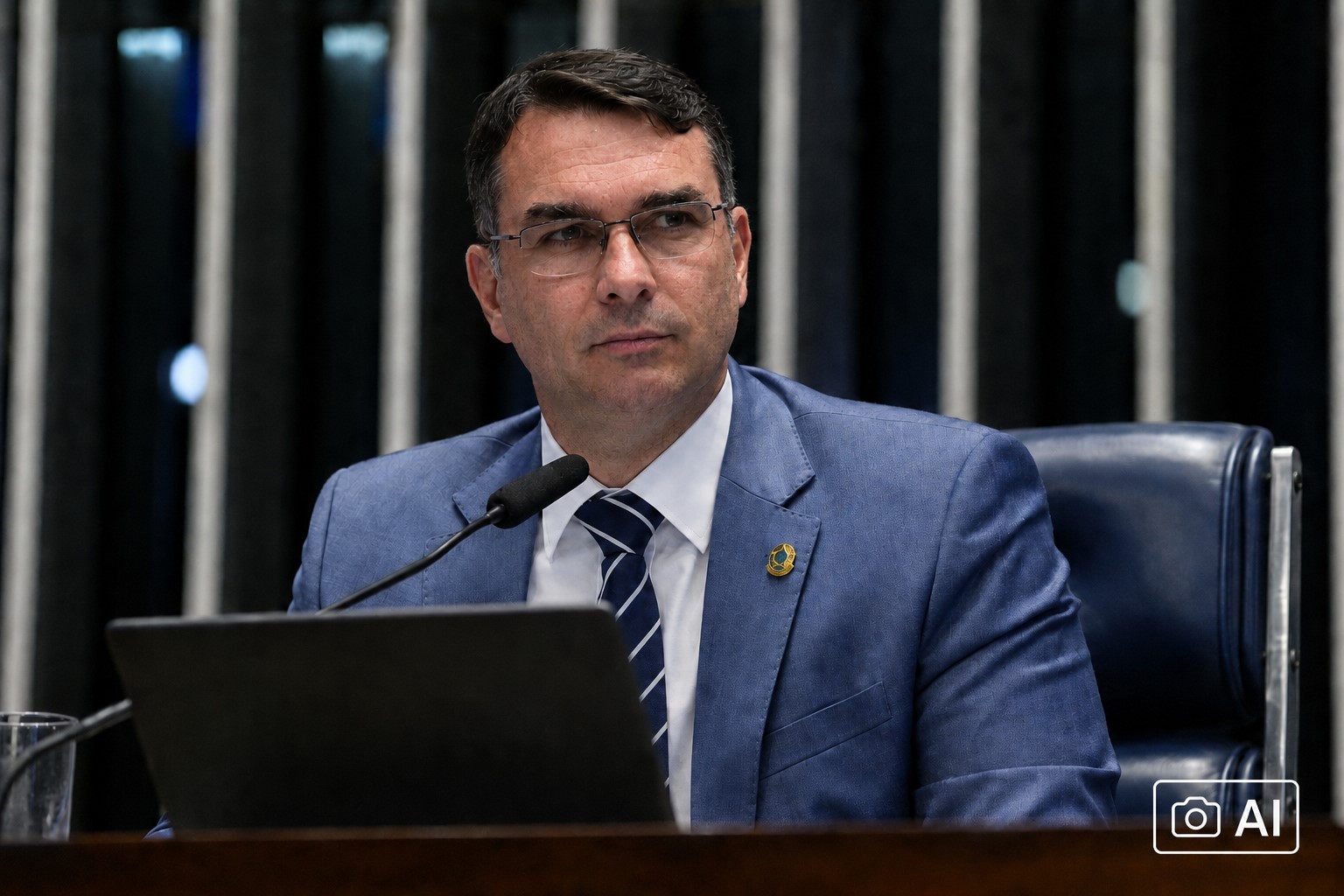 Ilustração fotográfica ultra-realista gerada por IA representa Flávio Bolsonaro em ambiente interno do Senado Federal.