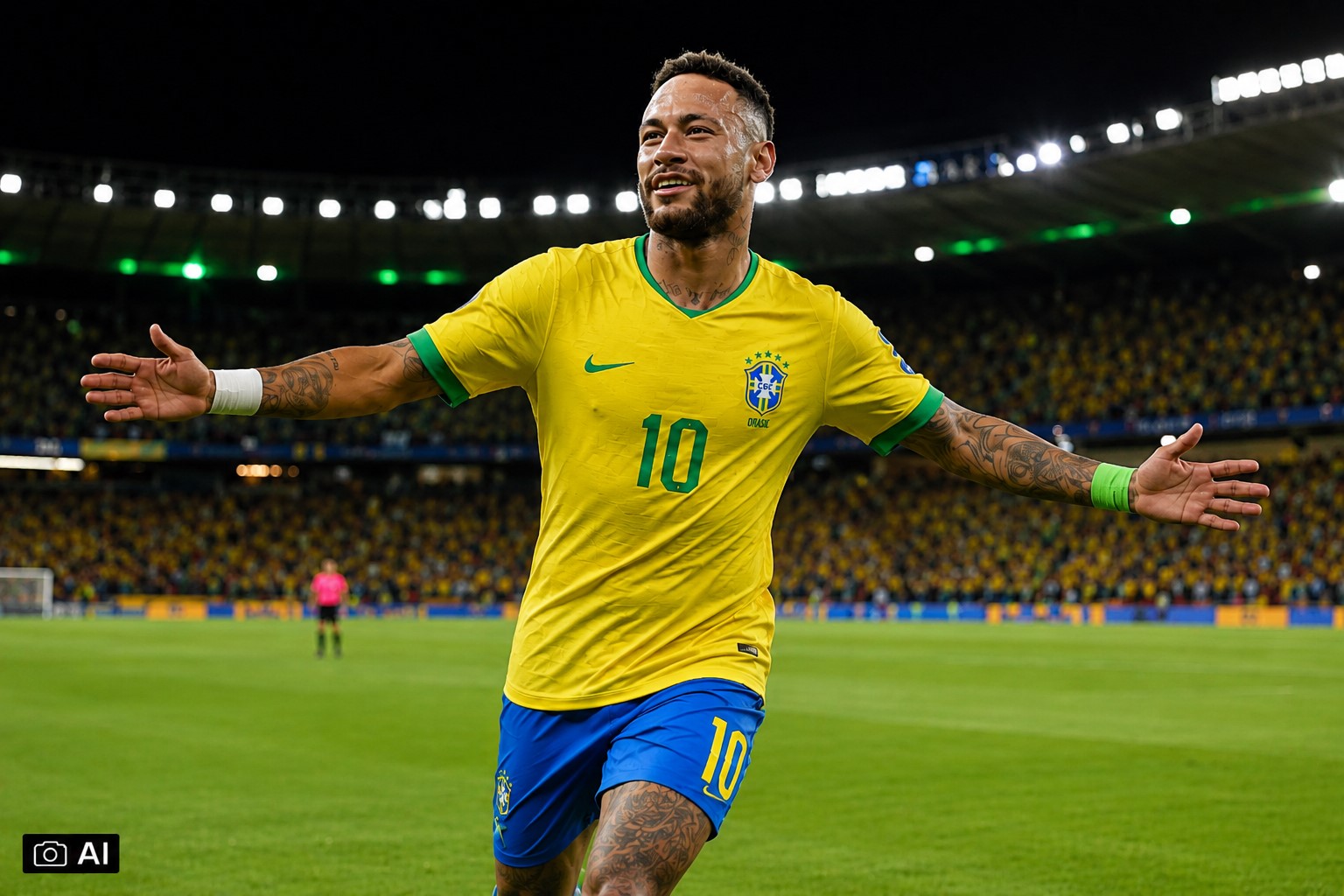 Ilustração fotográfica ultra-realista gerada por IA mostra Neymar em campo, em estádio de futebol, durante cena de comemoração.