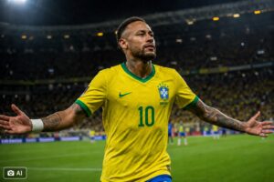 Ilustração fotográfica ultra-realista gerada por IA representa Neymar com a camisa da Seleção Brasileira em um estádio durante cena noturna de comemoração.