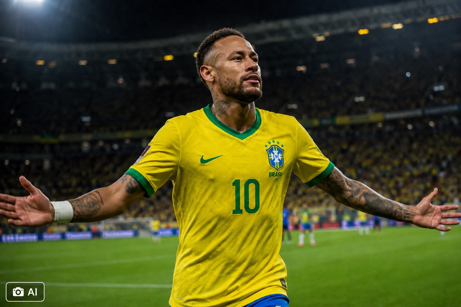 Ilustração fotográfica ultra-realista gerada por IA representa Neymar com a camisa da Seleção Brasileira em um estádio durante cena noturna de comemoração.