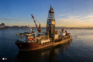 Ilustração fotográfica ultrarrealista gerada por IA mostra sonda petrolífera no mar, próxima à costa brasileira, em contexto jornalístico sobre a Petrobras.