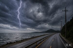 Imagem gerada por IA mostra trecho da costa de Camboriú com pista à beira-mar e céu carregado antes de tempestade.