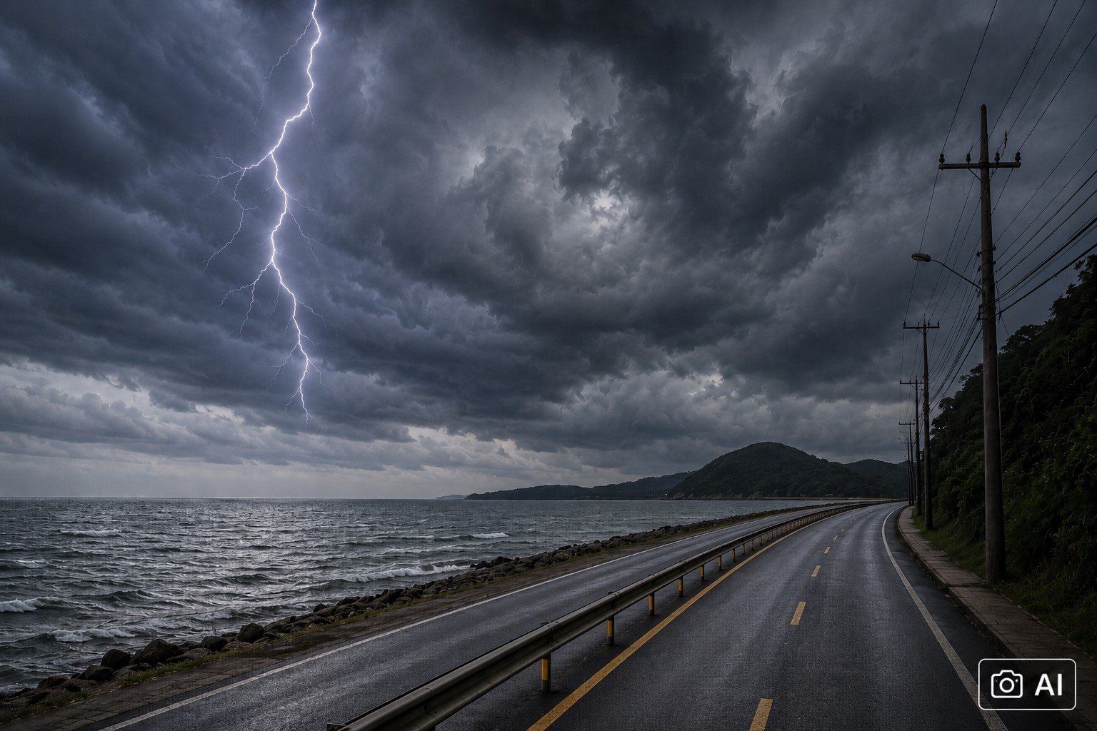 Imagem gerada por IA mostra trecho da costa de Camboriú com pista à beira-mar e céu carregado antes de tempestade.