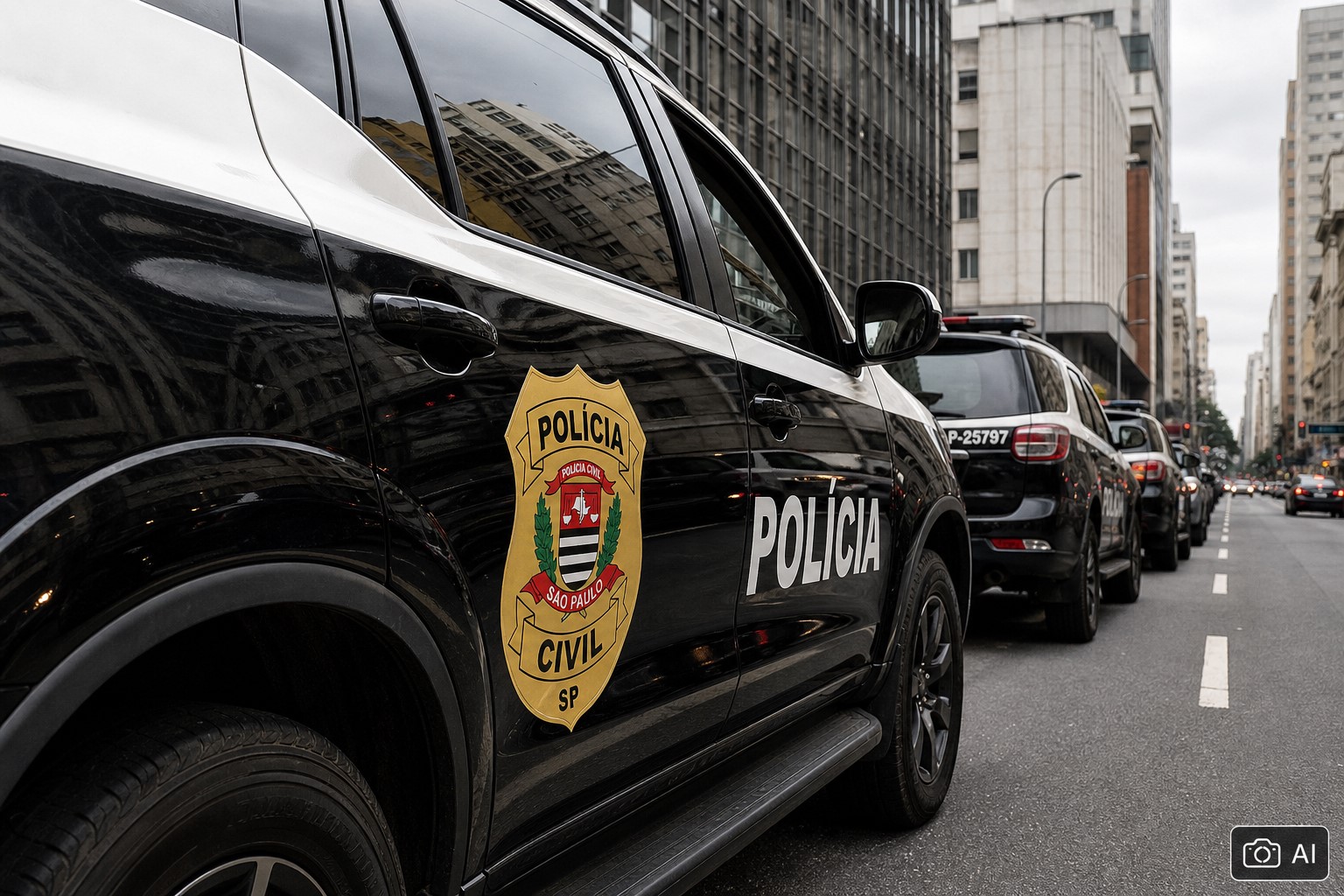 Ilustração fotográfica ultra-realista gerada por IA de viaturas da Polícia Civil em rua metropolitana de São Paulo.